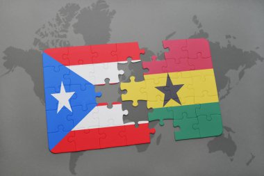 Porto Riko ve Gana bir dünya haritası üzerinde bayrağı ile bulmaca