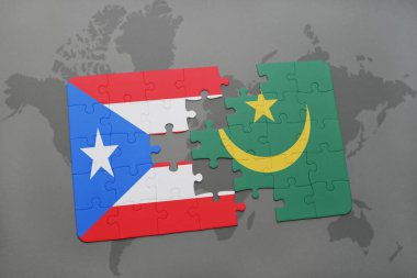 Porto Riko ve Moritanya ulusal bayrak bir dünya haritası üzerinde ile bulmaca