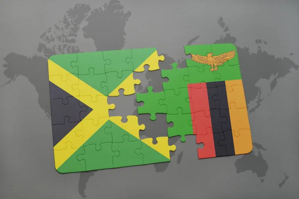 Rompecabezas con la bandera nacional de Jamaica y Zambia en un mapa del mundo — Foto de Stock