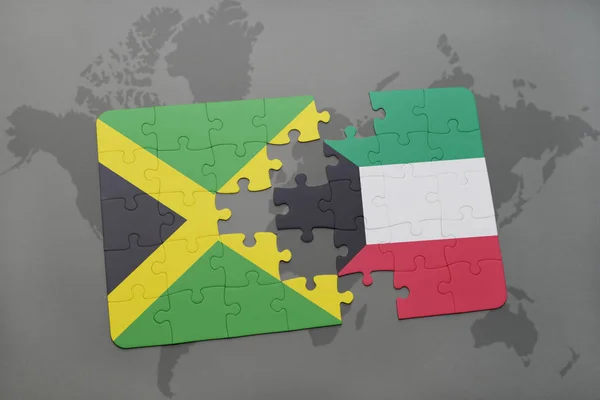 Rompecabezas con la bandera nacional de jamaica y kuwait en un mapa del mundo — Foto de Stock