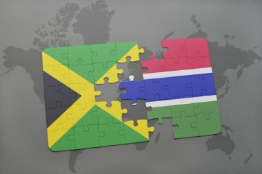 Jamaika ve Gambiya ulusal bayrak bir dünya haritası üzerinde ile bulmaca