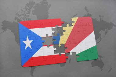 Porto Riko ve Seyşeller ulusal bayrak bir dünya haritası üzerinde ile bulmaca