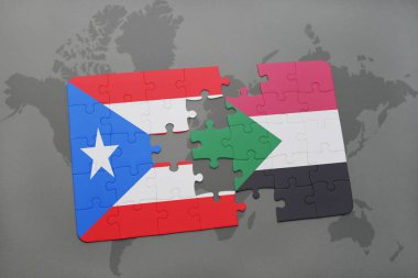Porto Riko ve sudan bir dünya haritası üzerinde bayrağı ile bulmaca