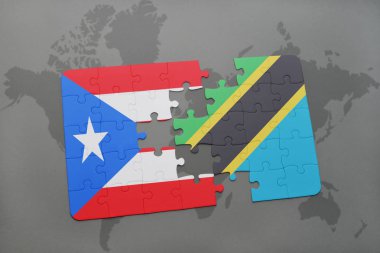 Porto Riko ve Tanzanya bir dünya haritası üzerinde bayrağı ile bulmaca