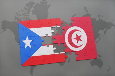 Porto Riko ve Tunus bir dünya haritası üzerinde bayrağı ile bulmaca