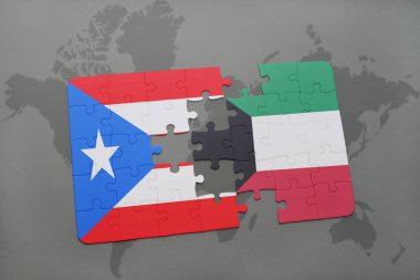 Porto Riko ve Kuveyt ulusal bayrak bir dünya haritası üzerinde ile bulmaca