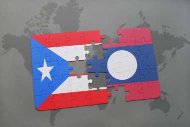 Porto Riko ve laos ulusal bayrak bir dünya haritası üzerinde ile bulmaca