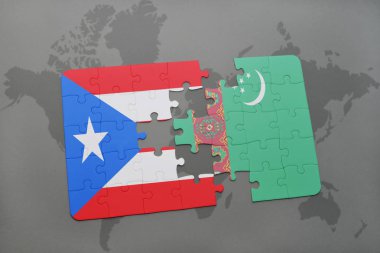 Porto Riko ve Türkmenistan ulusal bayrak bir dünya haritası üzerinde ile bulmaca