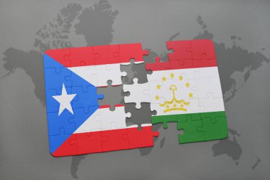 Porto Riko ve Tacikistan Ulusal bayrak bir dünya haritası üzerinde ile bulmaca