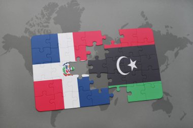 Dominik Cumhuriyeti ve libya ulusal bayrak bir dünya haritası üzerinde ile bulmaca