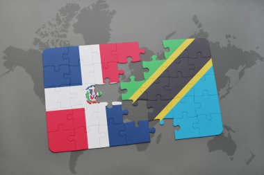 Dominik Cumhuriyeti ve Tanzanya bir dünya haritası üzerinde bayrağı ile bulmaca