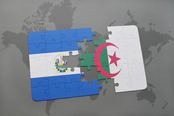 puzzle with the national flag of el salvador and algeria on a world map
