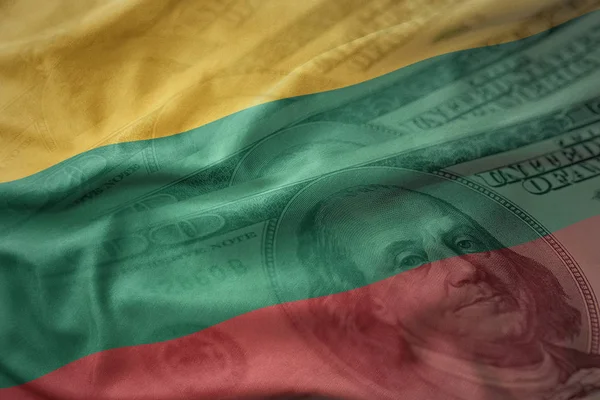 Renkli bir Amerikan Doları para arka plan Litvanya Ulusal bayrağını sallıyor. Ekonomi kavramı — Stok fotoğraf