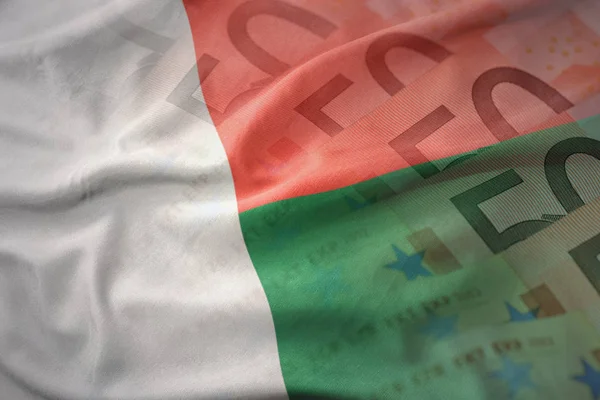 Färgglada viftande flagga Madagaskar på euron pengar sedlar bakgrund. Finance koncept — Stockfoto