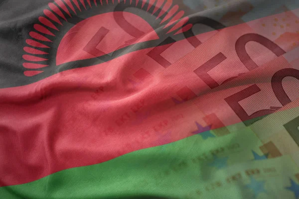 Kleurrijke wapperende vlag van malawi op een euro geld bankbiljetten achtergrond. Financiën concept — Stockfoto