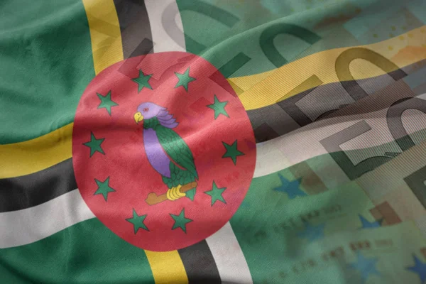 Coloré agitant le drapeau national de la Dominique sur un fond de billets en euros. concept de financement — Photo