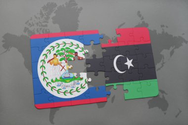 belize ve libya ulusal bayrak bir dünya haritası üzerinde ile bulmaca