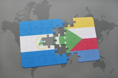 bir dünya haritası üzerinde Nikaragua ve Komor bayrağı ulusal ile bulmaca
