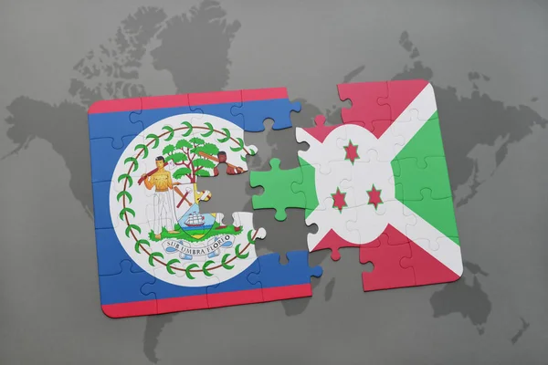 Puzzle con la bandiera nazionale di belize e burundi su una mappa del mondo — Foto Stock