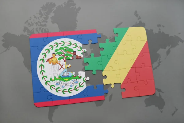 Головоломка з національним прапором Белізу та республіки Конго на карті світу — стокове фото