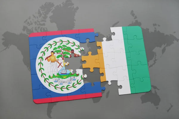 Головоломка з національним прапором Belize і cote divoire на карті світу — стокове фото