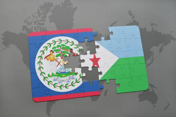 A nemzeti zászló, a Belize-ből és a Dzsibuti a világtérképen puzzle — Stock Fotó