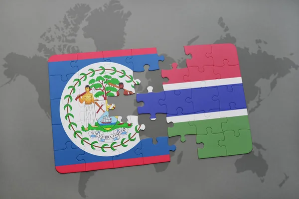 Пазл з національним прапором Белізу та Гамбії на карті світу — стокове фото