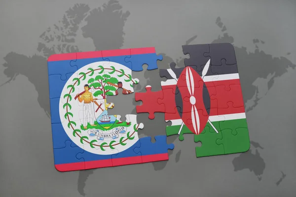 Puzzel met de nationale vlag van belize en Kenia op een wereldkaart — Stockfoto