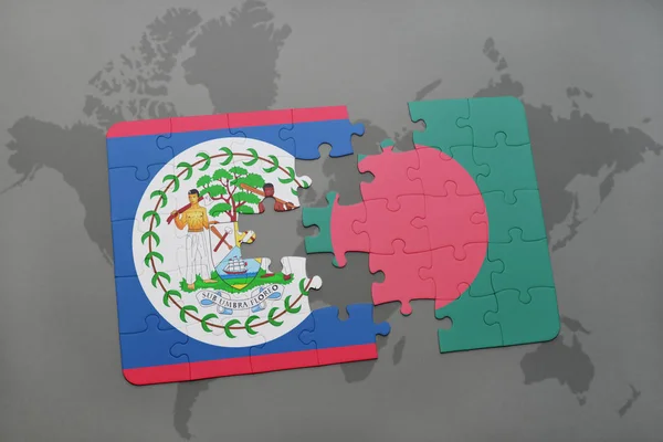 Puzzle mit der Nationalflagge von Belize und Bangladesh auf einer Weltkarte — Stockfoto