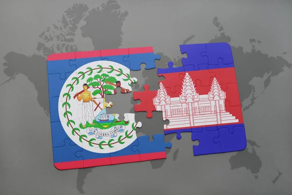 Puzzle con la bandiera nazionale di belize e cambogia su una mappa del mondo — Foto Stock