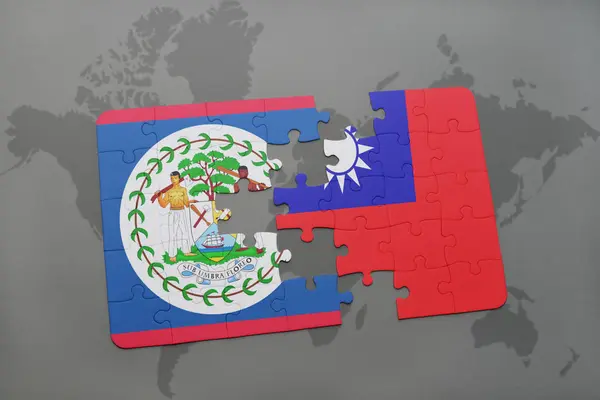 Головоломка з національним прапором Белізу і Тайваню на карті світу — стокове фото