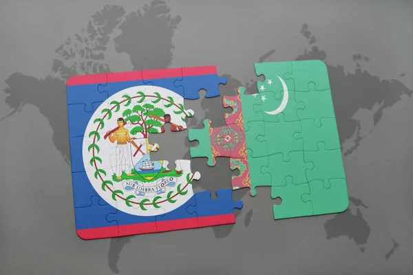 Puzzel met de nationale vlag van belize en turkmenistan op een wereldkaart — Stockfoto