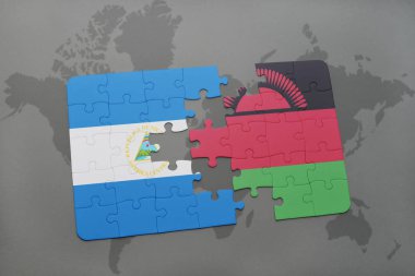 Nikaragua ve Malavi bir dünya haritası üzerinde bayrağı ile bulmaca