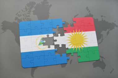 Nikaragua ve Kürdistan ulusal bayrak bir dünya haritası üzerinde ile bulmaca