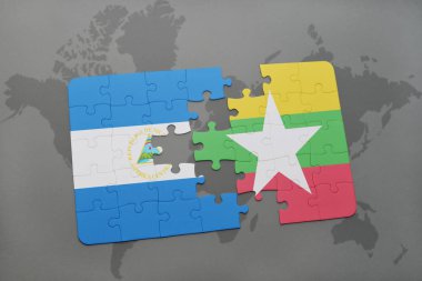 bir dünya haritası üzerinde Nikaragua ve myanmar bayrağı ulusal ile bulmaca