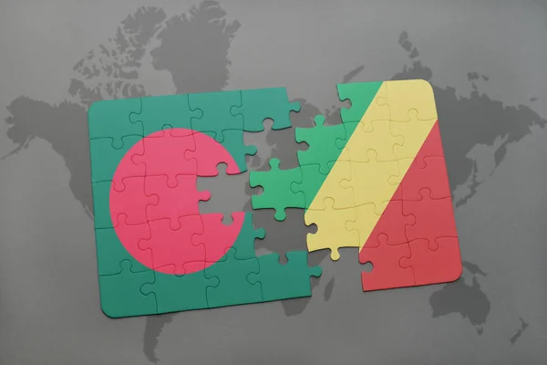 Puzzle s státní vlajka Bangladéše a republika Kongo na mapě světa — Stock fotografie