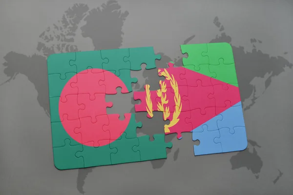 Rompecabezas con la bandera nacional de bangladesh y eritrea en un mapa del mundo — Foto de Stock