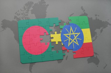 Etiyopya ve Bangladeş Ulusal bayrak bir dünya haritası üzerinde ile bulmaca