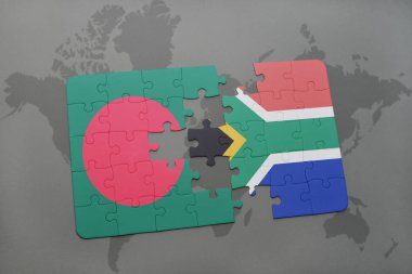 Bangladeş ve Güney Afrika ulusal bayrak bir dünya haritası üzerinde ile bulmaca