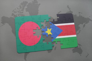 Bangladeş ve bir dünya haritası üzerinde Güney sudan bayrağı ile bulmaca