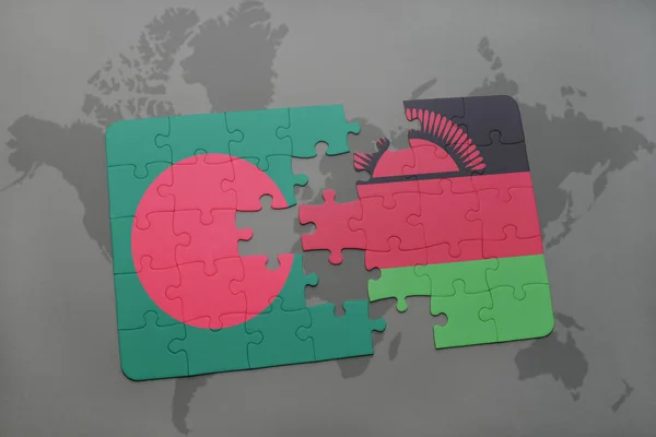 Puzzle s státní vlajka Bangladéše a malawi na mapě světa — Stock fotografie