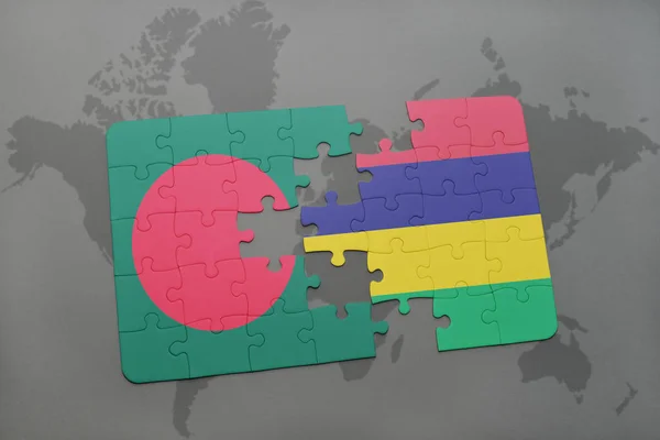 Puzzel met de nationale vlag van bangladesh en mauritius op een wereldkaart — Stockfoto