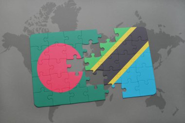 Bangladeş ve Tanzanya bir dünya haritası üzerinde bayrağı ile bulmaca