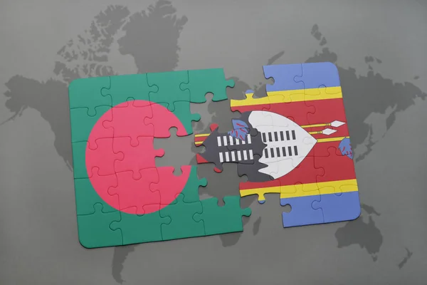 益智与国旗的孟加拉国和斯威士兰在世界地图上 — 图库照片