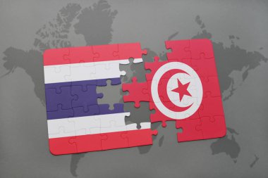 Tayland ve Tunus bir dünya haritası üzerinde bayrağı ile bulmaca