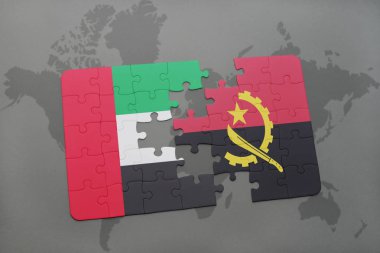 Birleşik Arap Emirlikleri ve angola ulusal bayrak bir dünya haritası üzerinde ile bulmaca