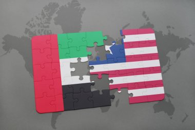 Birleşik Arap Emirlikleri ve Liberya ulusal bayrak bir dünya haritası üzerinde ile bulmaca