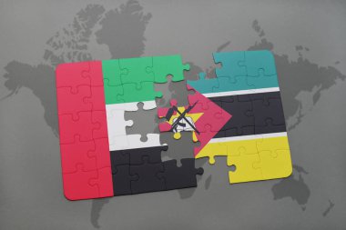 Birleşik Arap Emirlikleri ve Mozambik bir dünya haritası üzerinde bayrağı ile bulmaca