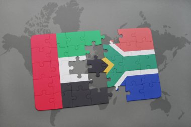 Birleşik Arap Emirlikleri ve Güney Afrika ulusal bayrak bir dünya haritası üzerinde ile bulmaca