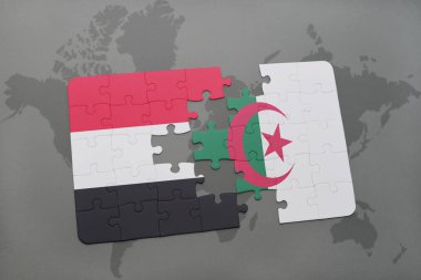 yemen ve Cezayir ulusal bayrak bir dünya haritası üzerinde ile bulmaca